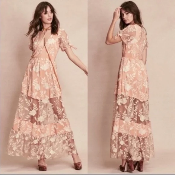 For Love & Lemons Mia Maxi Peach Lace Dress Floral Embroidered Sheer Panel XS - Picture 2 of 15